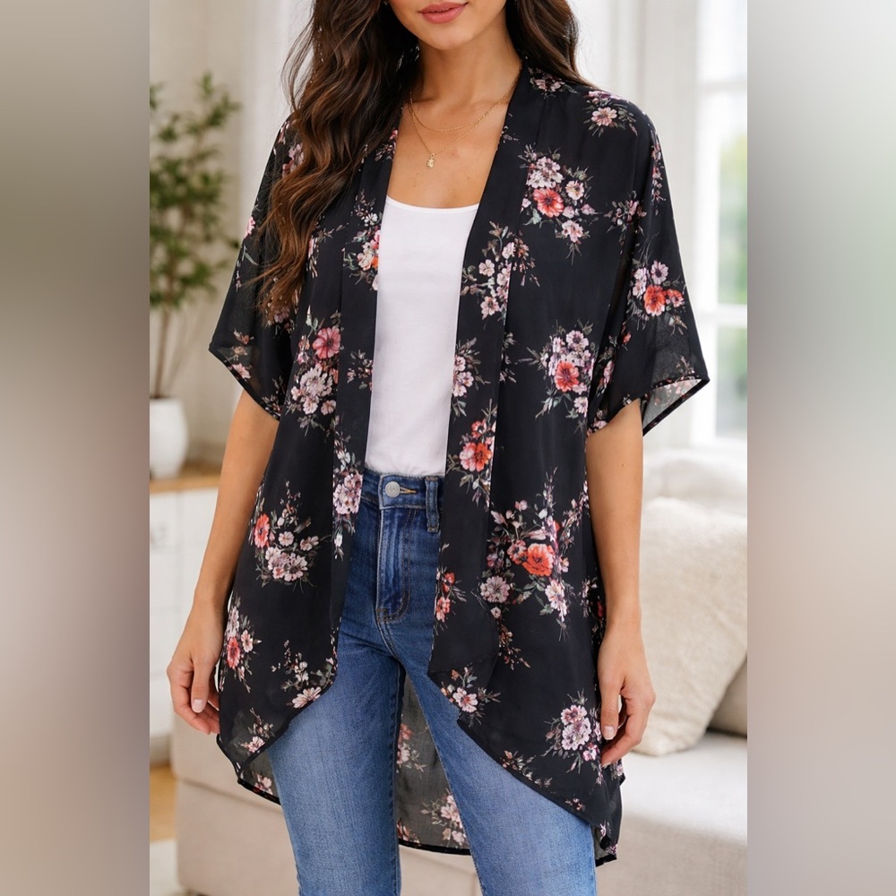 Everly Black Floral Kimono Cardigan – Size M